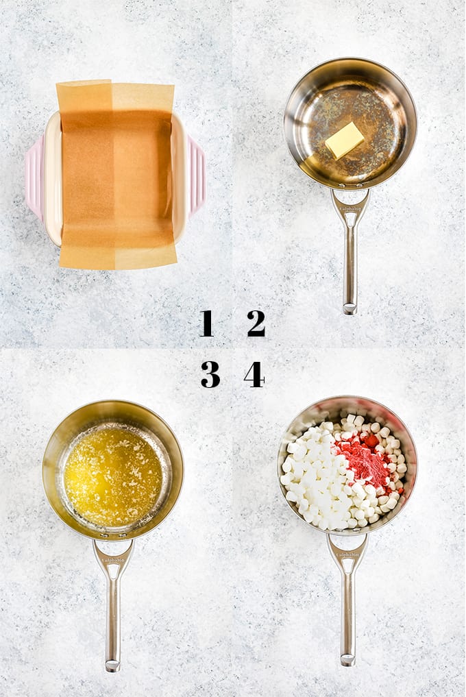 How to prepare Strawberry Rice Krispie Treats, steps 1-4.