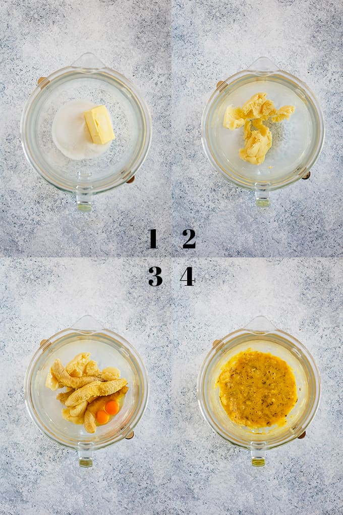 How to make Blueberry Walnut Banana Bread, steps 1-4.